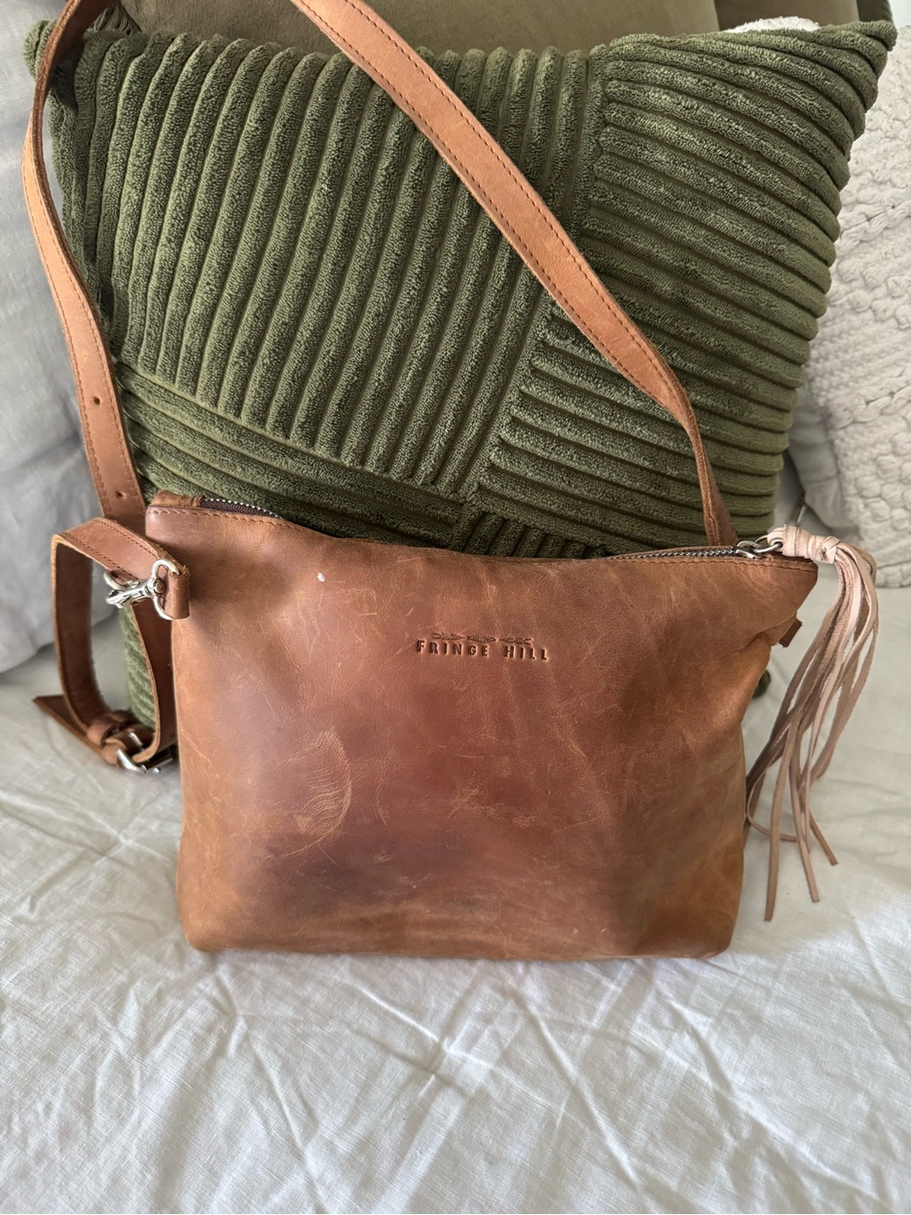 Fringe Studio Tan Leather Crossbody Bag with Tassel